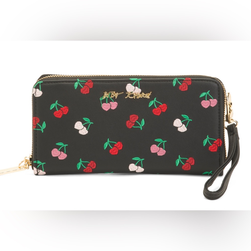 Betsey Johnson Cherry 🍒 Embroidered Zip Around Wallet w/ Removable Wristlet